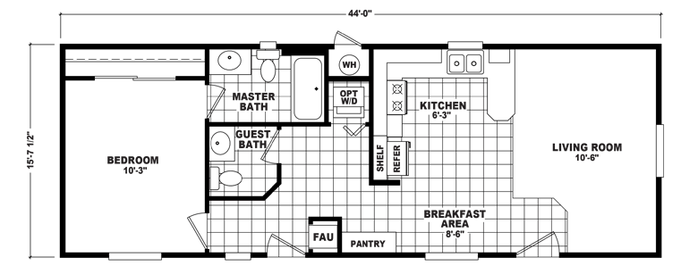 Single Wide Manufactured Home Floor Plan - 1 bed 1.5 bath
