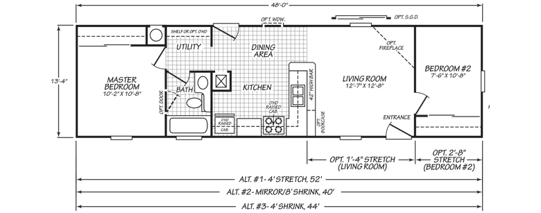 Fleetwood 2 Bed, 1 Bath Single Wide Mobile Home Floor Plan